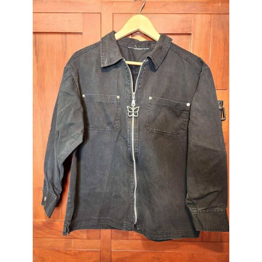 Unbranded Faded Black Denim Jacket w/ Butterfly Zipper Closure Women Size L